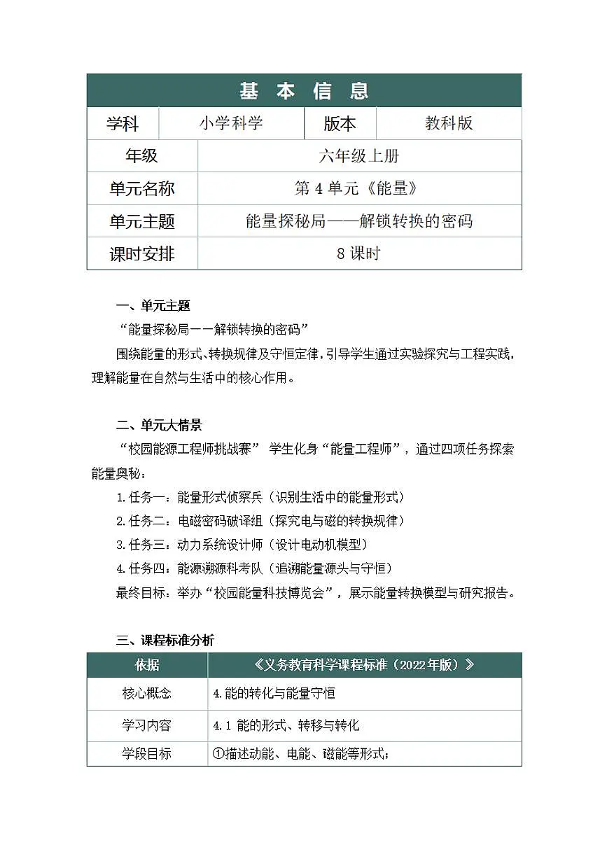 教科版小学科学六年级上册第四单元《能量》大单元整体教学设计第2页