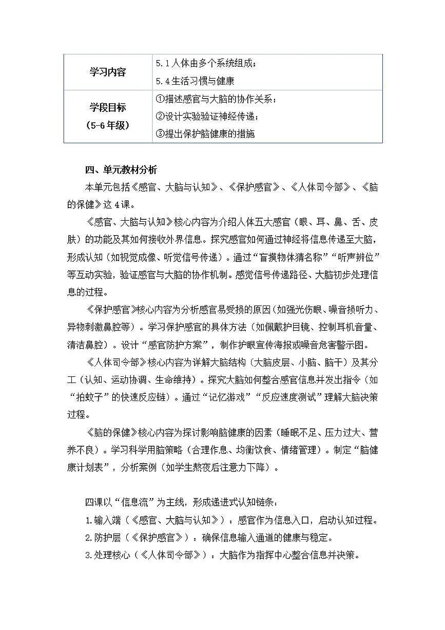 大象社版小学科学五年级上册第二单元《人体司令部》大单元整体教学设计第3页