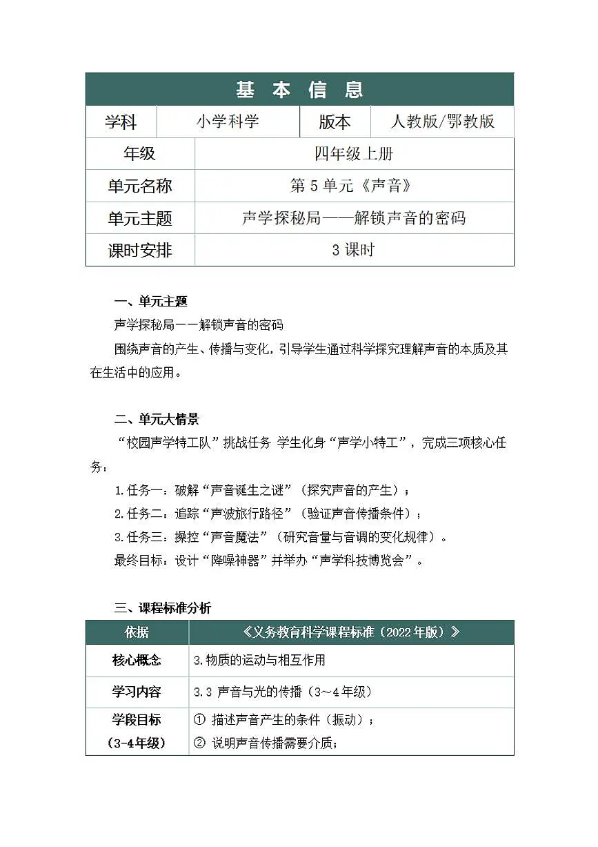 人鄂版小学科学四年级上册第五单元《声音》大单元整体教学设计第2页