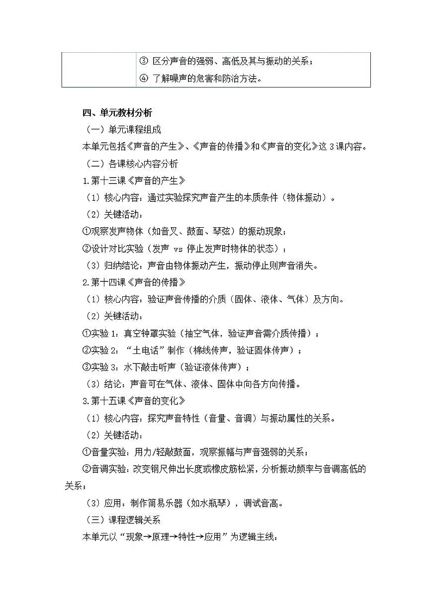 人鄂版小学科学四年级上册第五单元《声音》大单元整体教学设计第3页