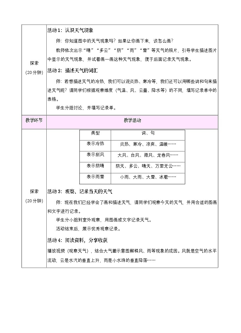 教科版（2024）三年级上册科学第一单元 天气 教案【表格式】第2页
