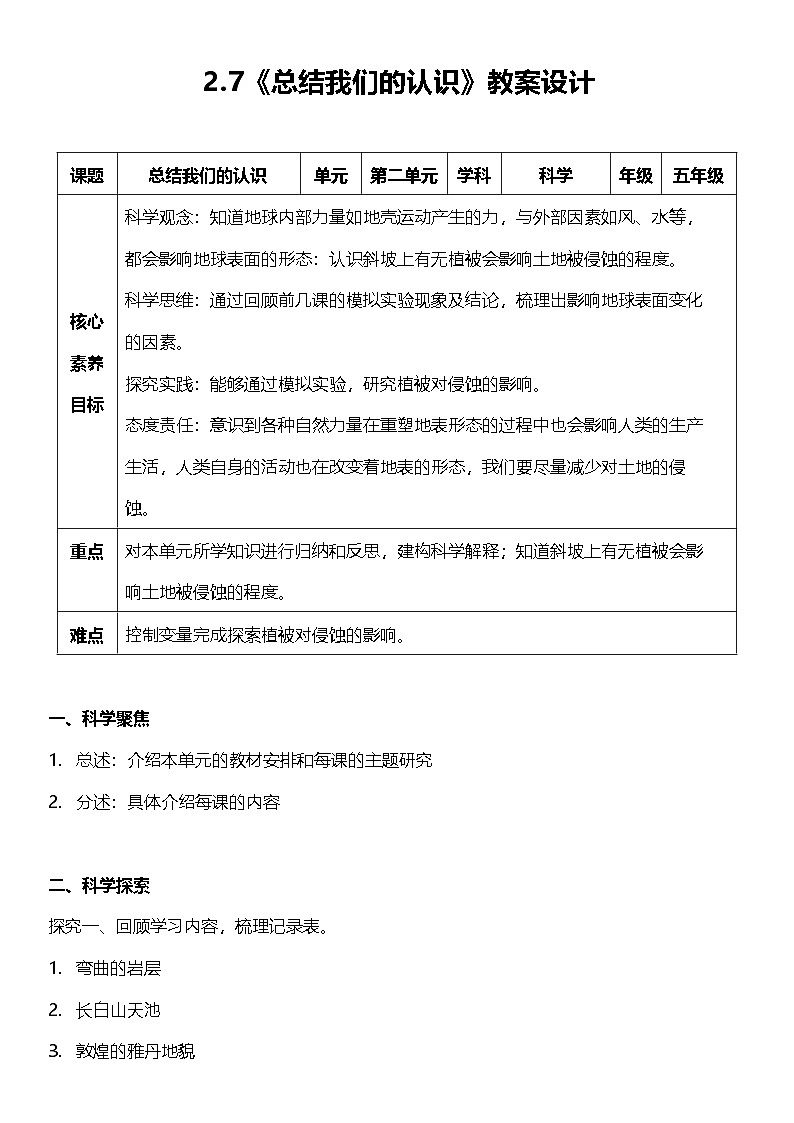 2.7 总结我们的认识 教案设计 2025-2026学年小学科学五年级上册 教科版第1页