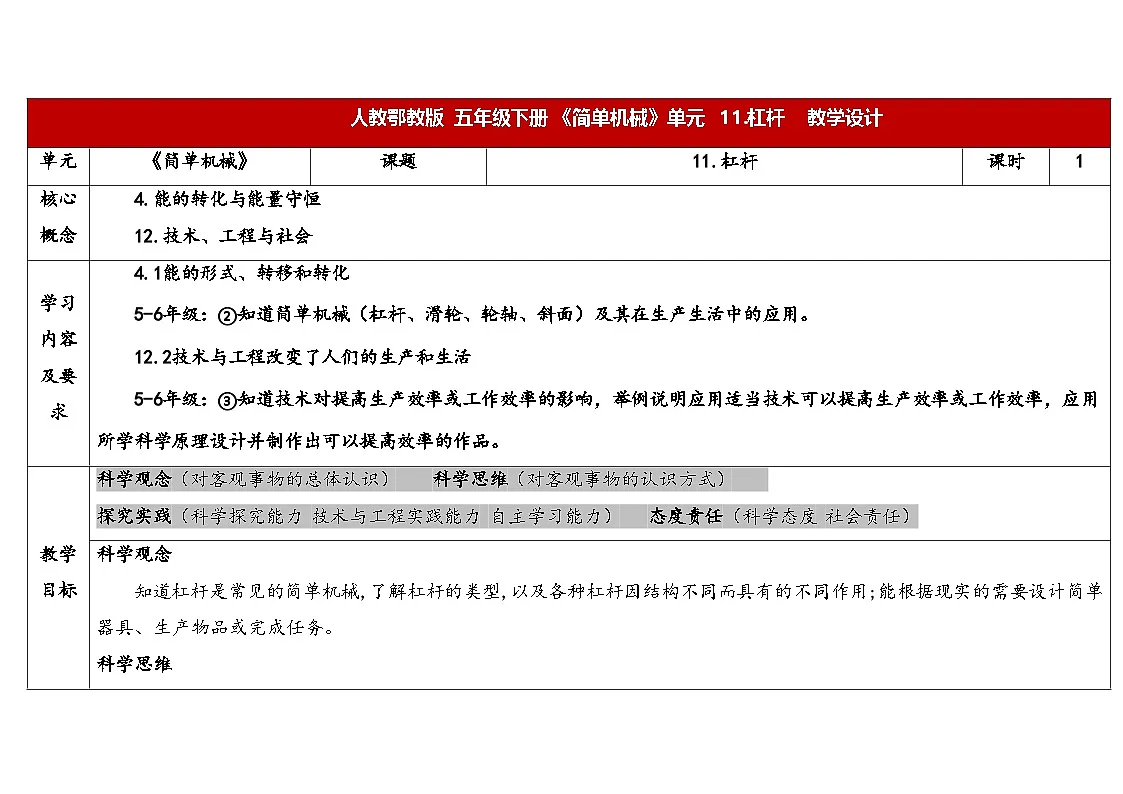 人教鄂教版五年级科学下册 11.杠杆（表格式教案）第1页