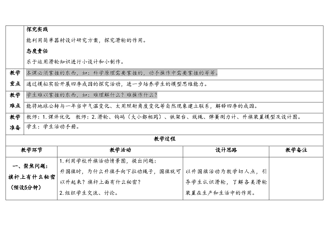 人教鄂教版五年级科学下册 12.滑轮（表格式教案）第2页