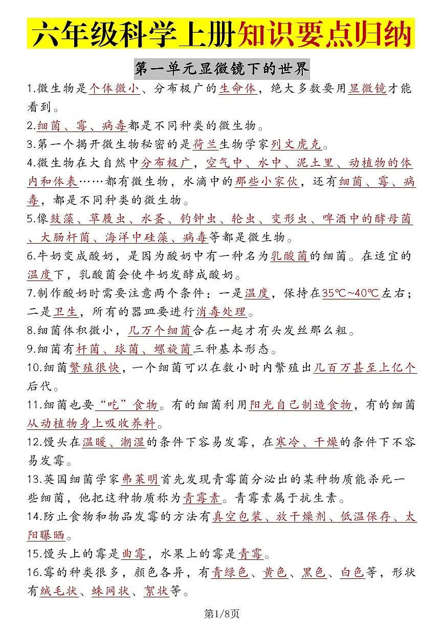 六年级上册苏教版科学期末知识要点总结第1页