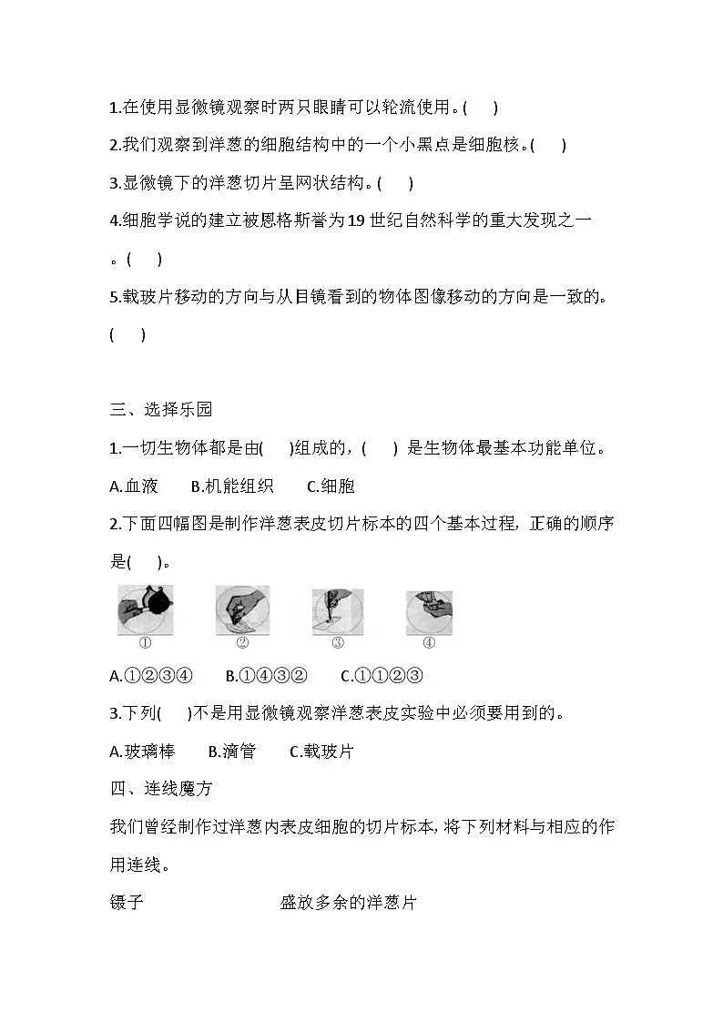 教科版六年级科学下册5.用显微镜观察身边的生命世界(一) 一课一练（含答案）第2页
