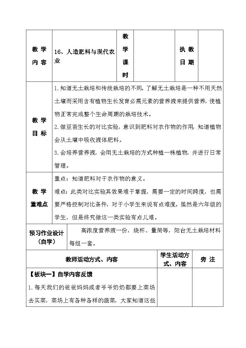 2025秋苏教版六年级科学上册 16、人造肥料与现代农业(表格教案)第1页
