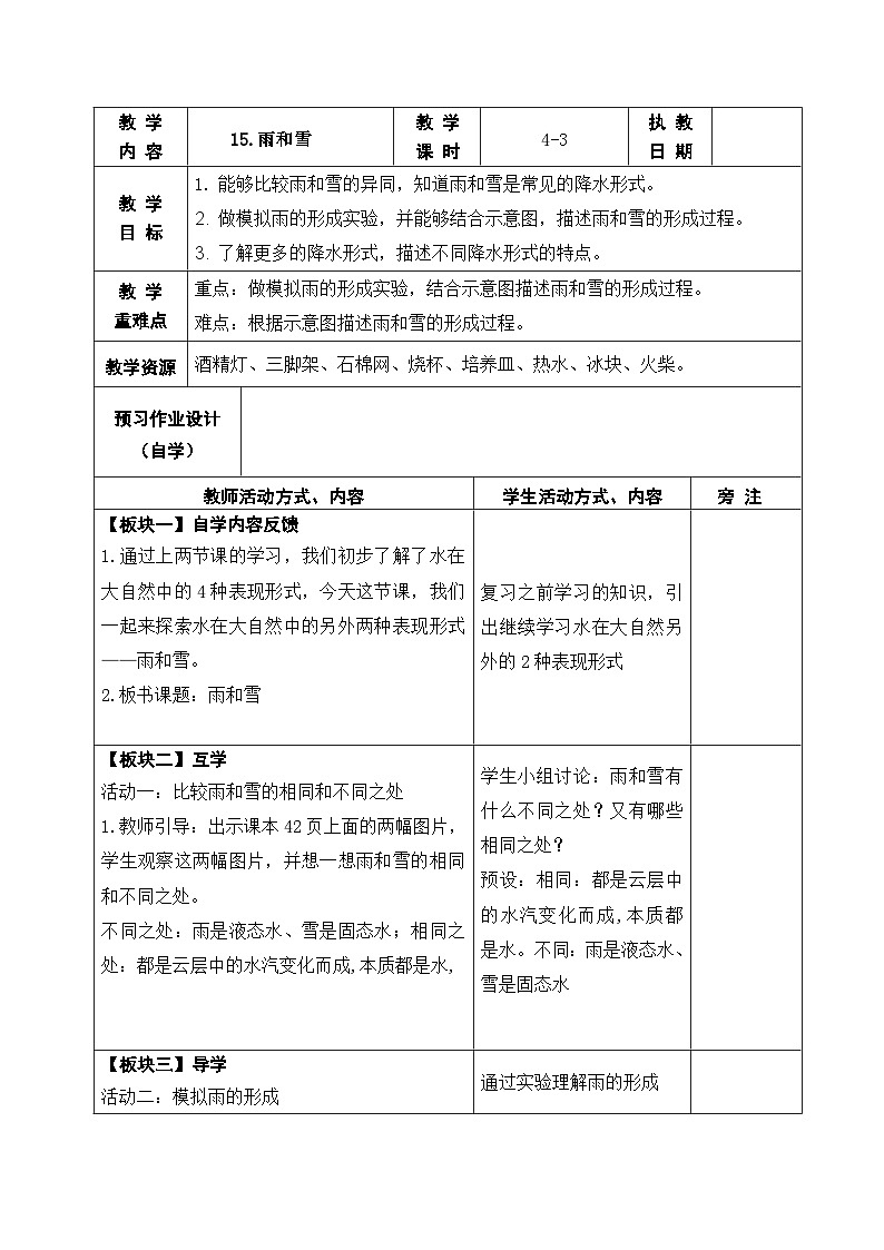 2025秋苏教版五年级科学上册 15.雨和雪 (表格教案)第1页