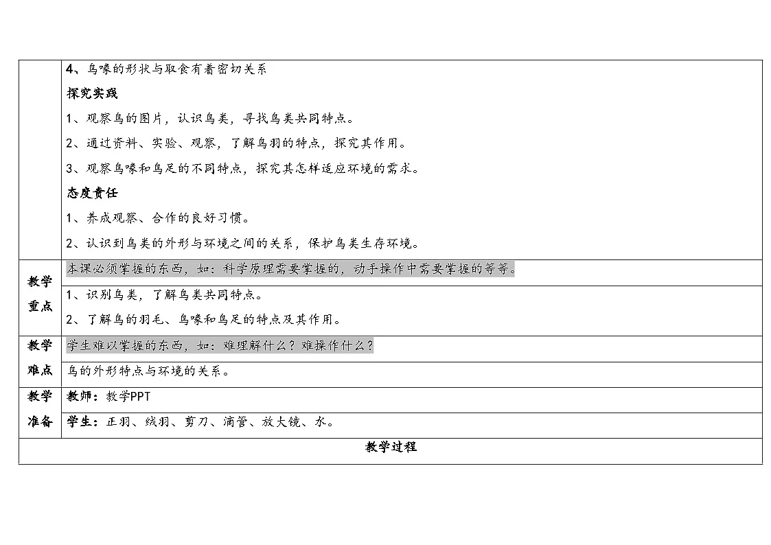 2025秋苏教版四年级科学上册1-3《鸟类》（表格式教案及反思）第2页