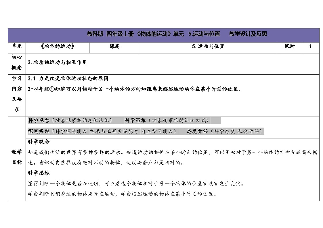 2025秋苏教版四年级科学上册2-1 运动与位置（表格式教案及反思）第1页
