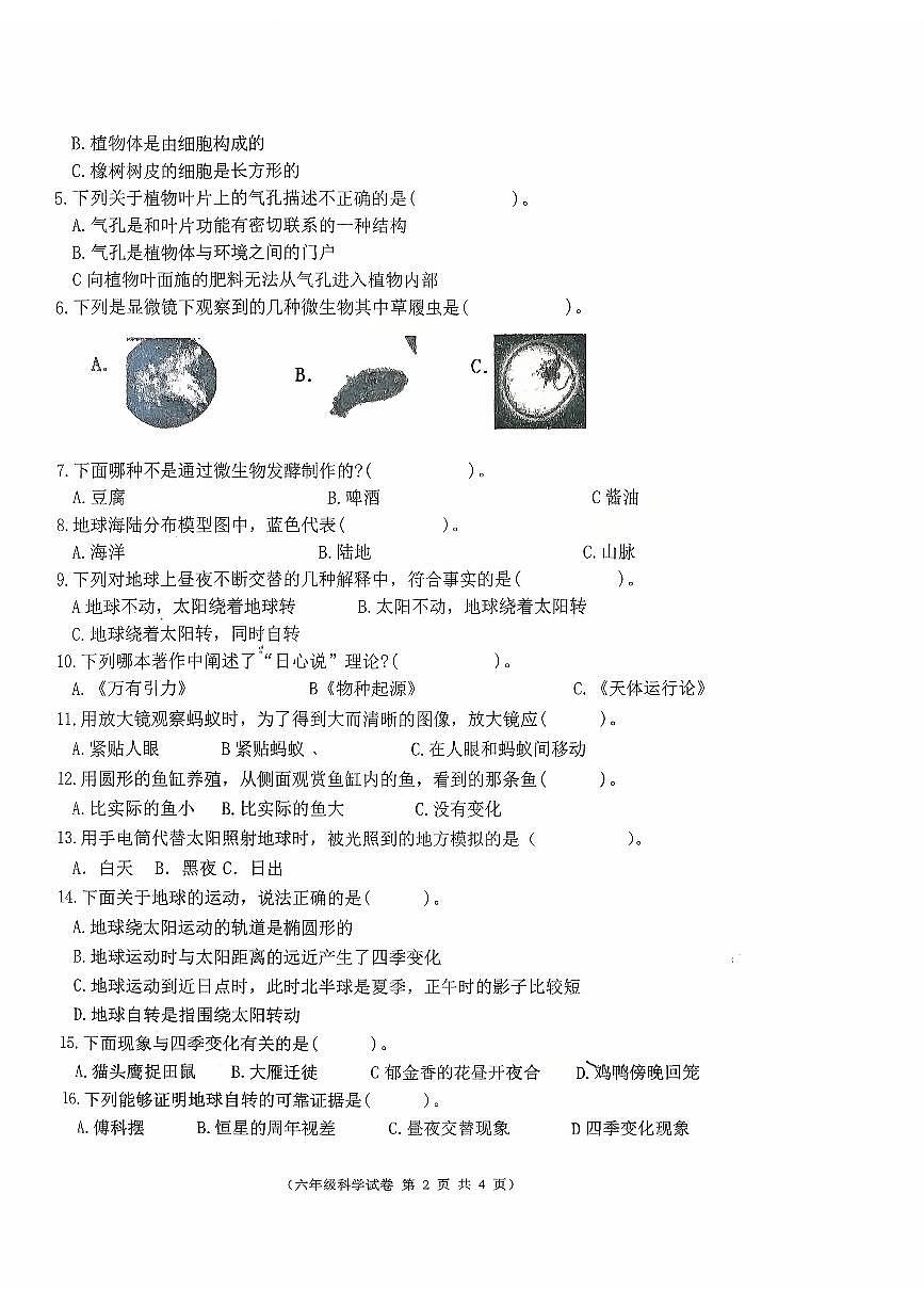 江苏省徐州市邳州市2025-2026学年六年级上学期阶段学情调研科学试卷（月考）第2页