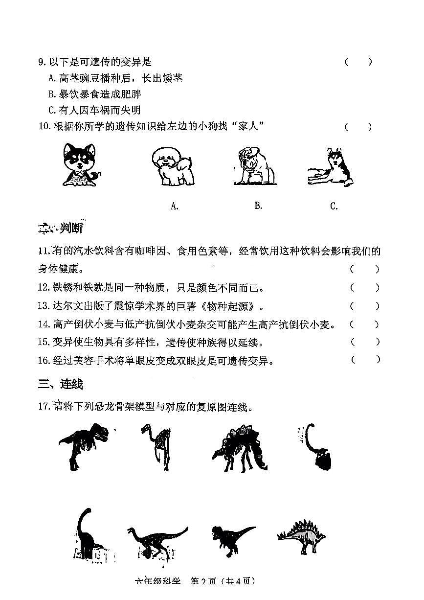山西省晋中市介休市2025-2026学年六年级上科学期中试卷第2页