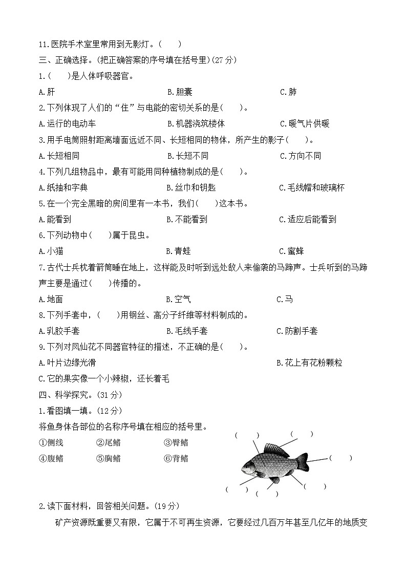 2025-2026学年 科学三年级上册   冀人版期末测试卷  (有答案)第2页