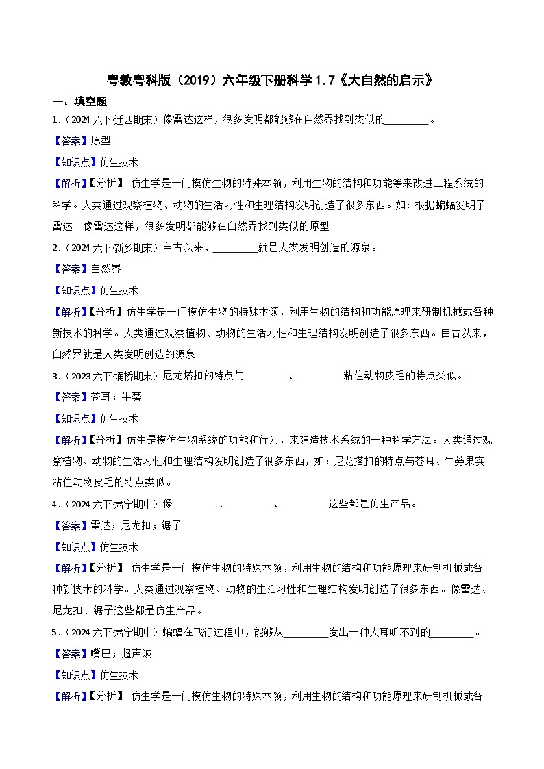 粤教粤科版（2019）六年级下册科学1.7《大自然的启示》(教师版)第1页