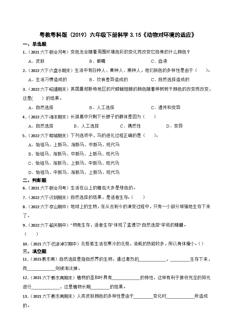 粤教粤科版（2019）六年级下册科学3.15《动物对环境的适应》(学生版)第1页