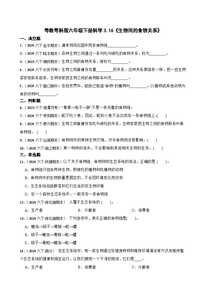 粤教粤科版六年级下册科学3.16《生物间的食物关系》(学生版)第1页