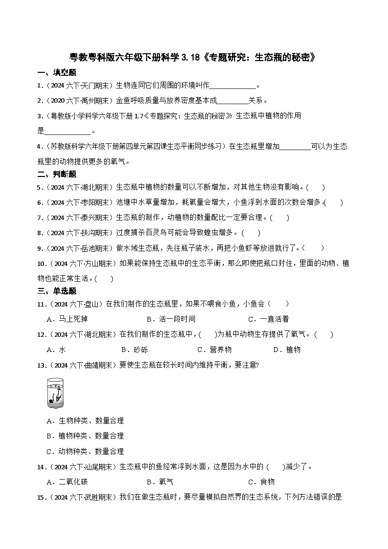 粤教粤科版六年级下册科学3.18《专题研究：生态瓶的秘密》(学生版)第1页