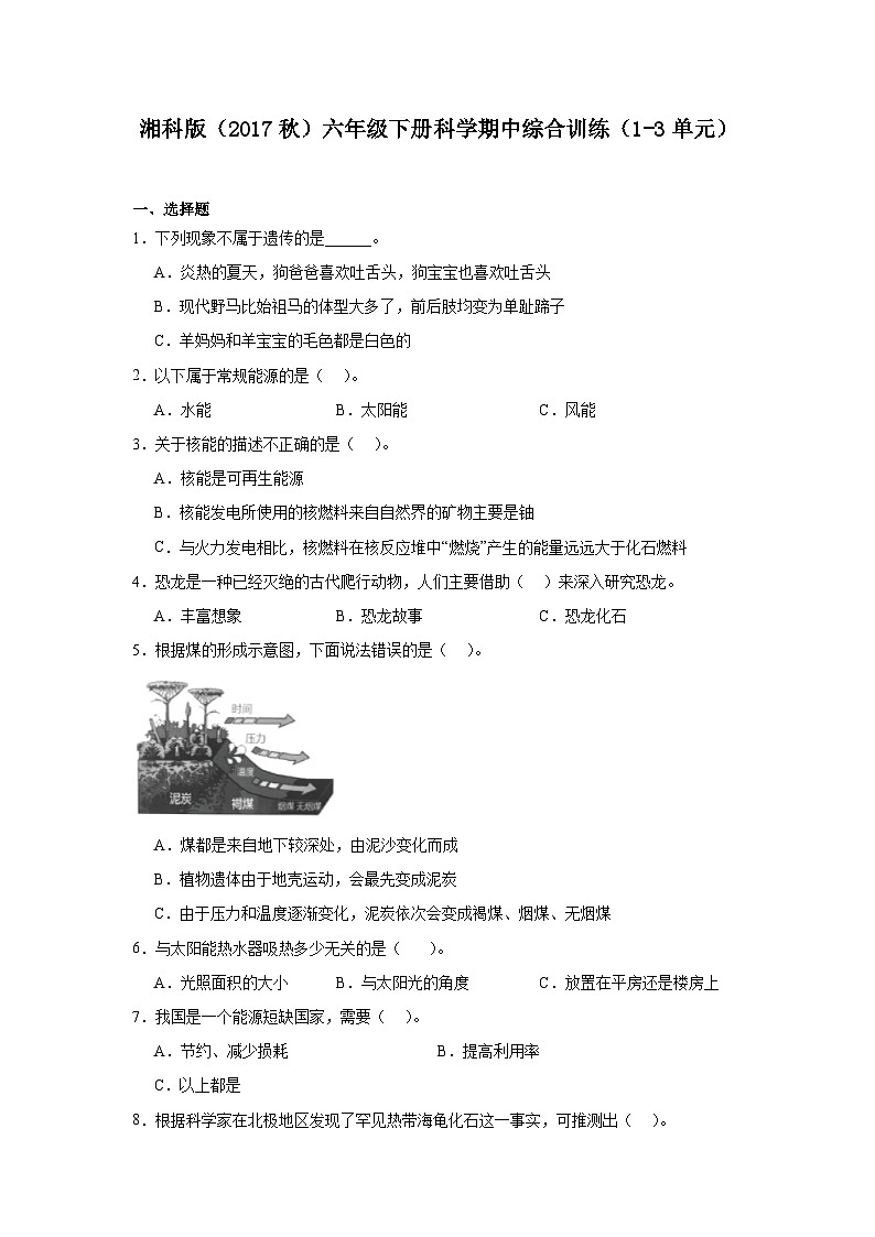 湘科版（2017秋）六年级下册科学期中综合训练（1-3单元）（含答案）第1页