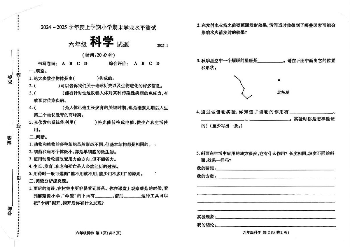 山东省临沂市兰山区2024-2025学年六年级上学期期末科学试题第1页