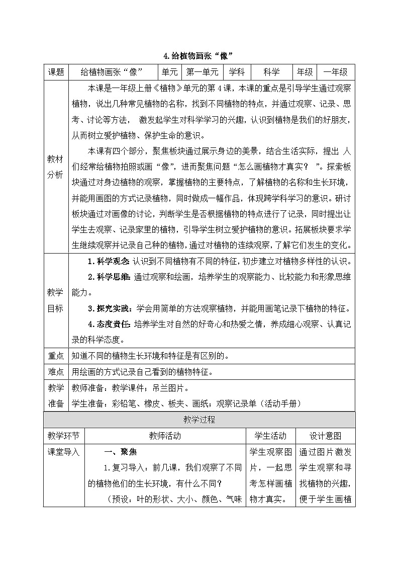 教科版2024小学科学一上第一单元《4 给植物画张“像”》教案第1页