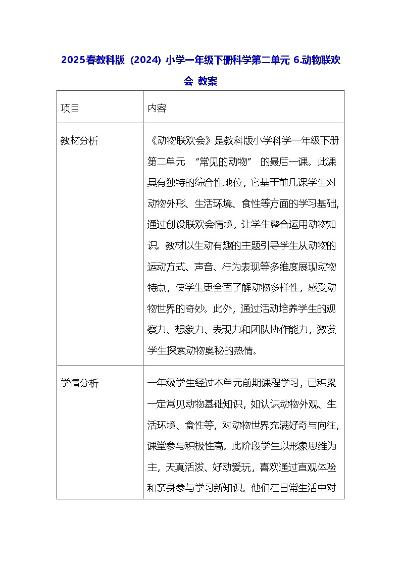 2025春教科版（2024）小学一年级下册科学第二单元 6.动物联欢会 教案第1页