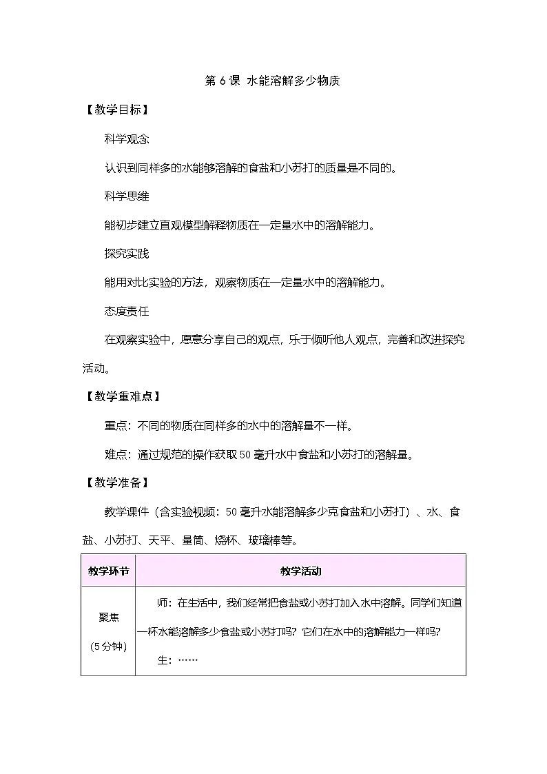 教科版（2024）科学三年级上册 2.6 水能溶解多少物质（表格式教案）第1页
