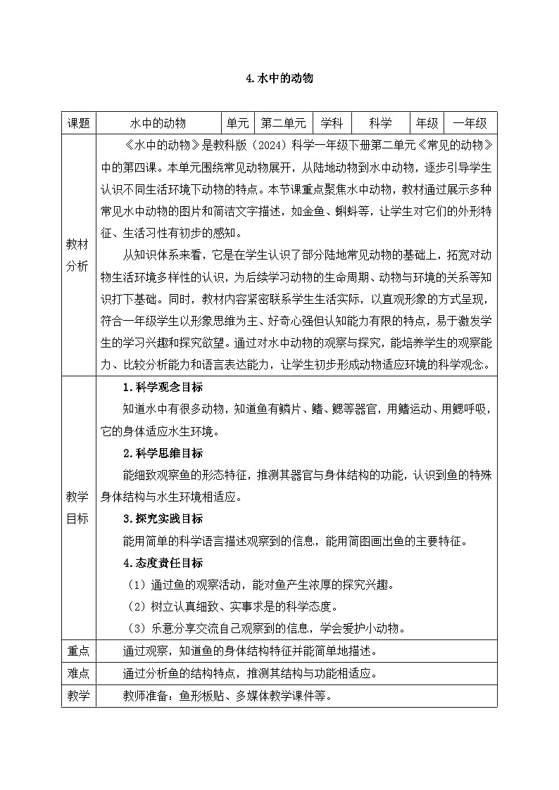 教科版2024小学科学一下第二单元《4、水中的动物》教案第1页