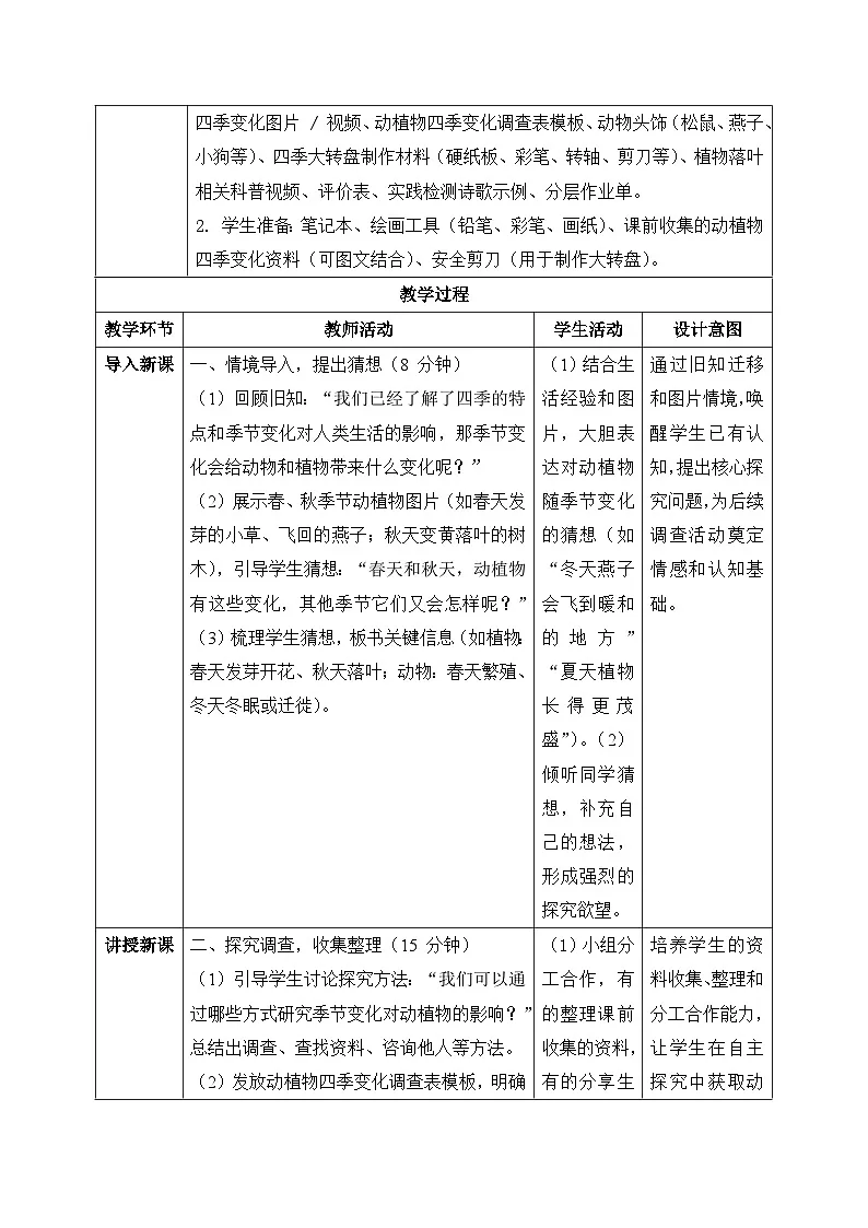 3、季节变化与动植物 第二单元 小学科学 大象版新教材 表格式教案第2页