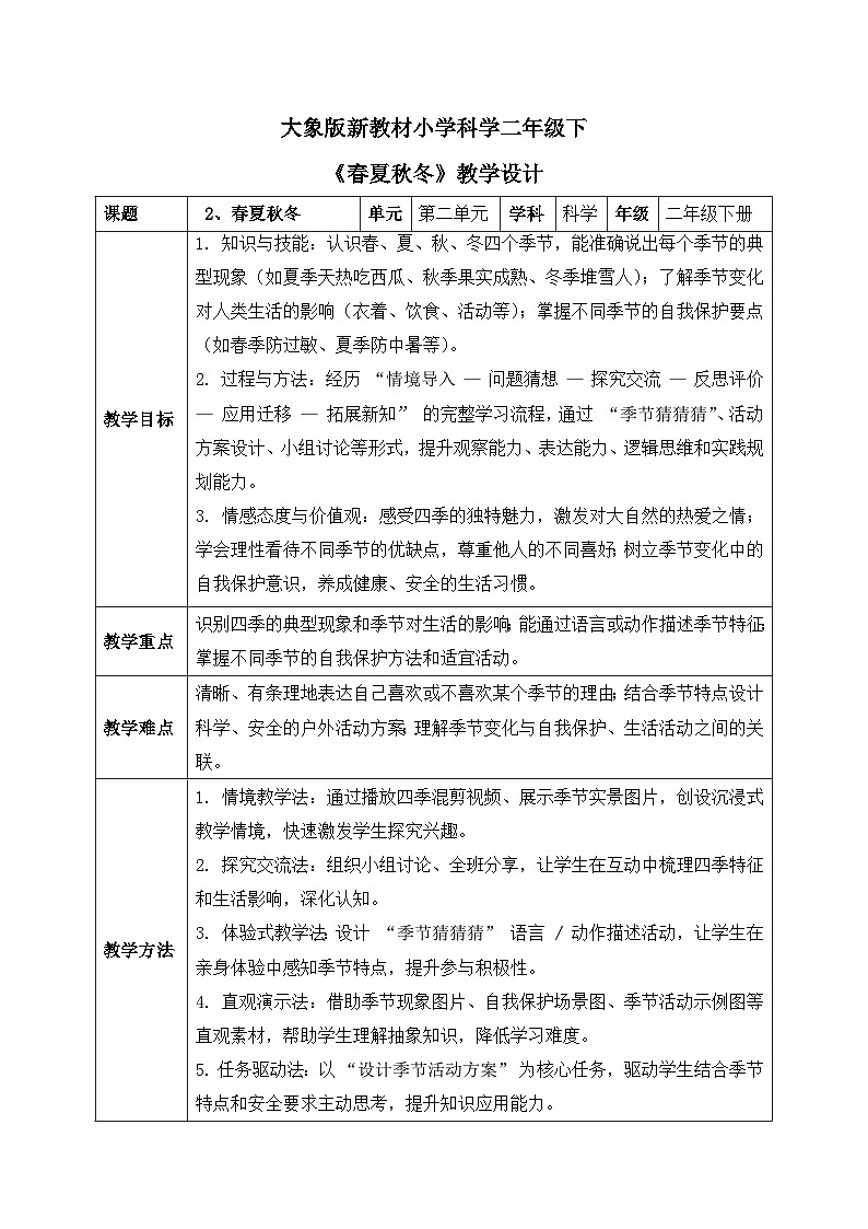 2、春夏秋冬 第二单元 小学科学 大象版新教材 二年级下册 表格式教案第1页