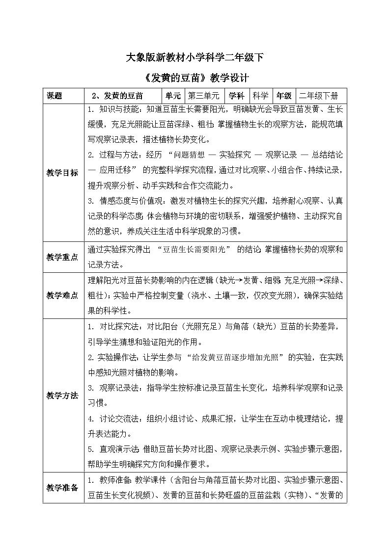 2、发黄的豆苗 第三单元 小学科学 大象版新教材 二年级下册表格式教案第1页