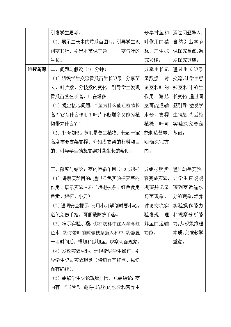 3、茎与叶的生长 第二单元 小学科学 大象版新教材 三年级下册 表格式教案第2页