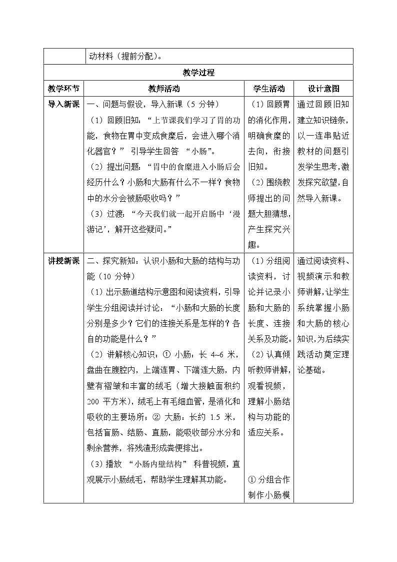 5、肠中漫游记 小学科学 大象版新教材 三年级下册 表格式教案第2页