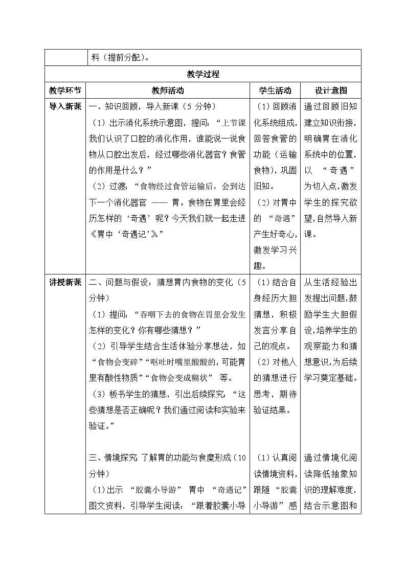 4、胃中奇遇记 小学科学 大象版新教材 三年级下册 表格式教案第2页