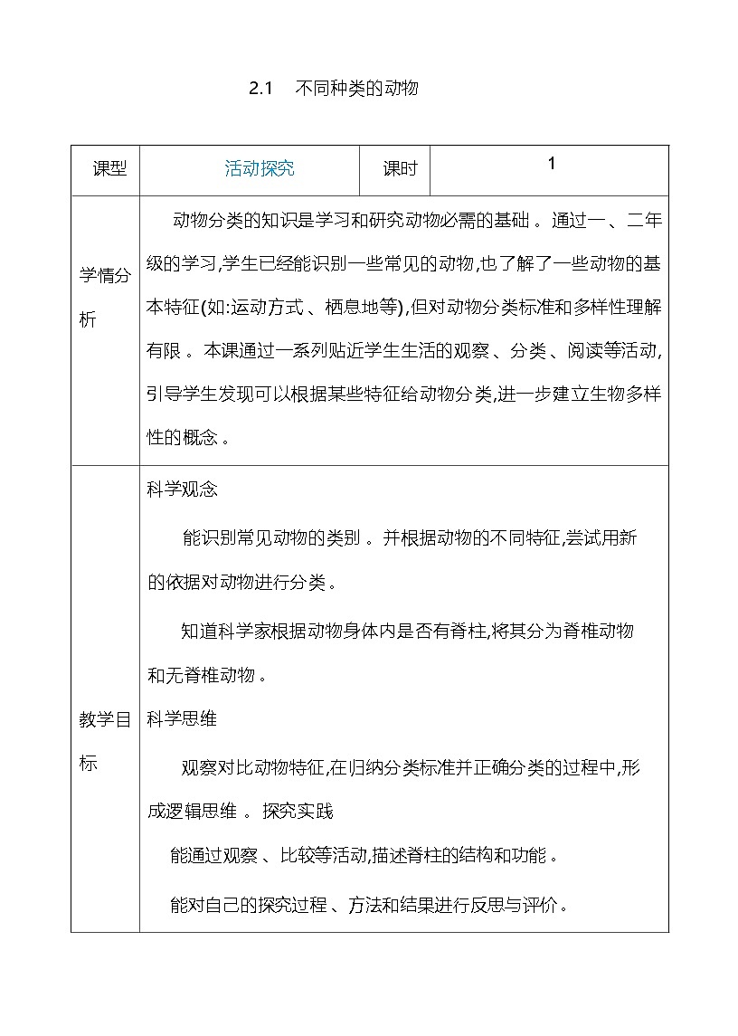 2.1 不同种类的动物 教案（表格式） 教科版科学三年级下册第1页