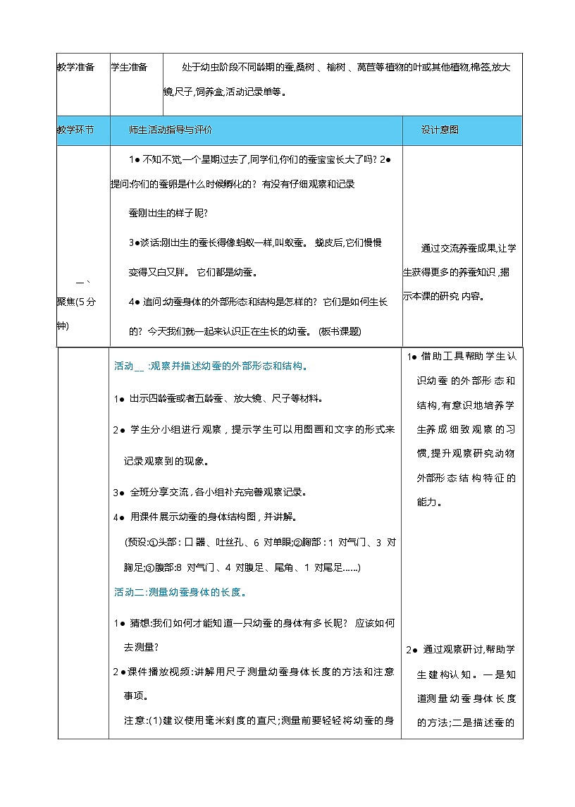 2.4 幼蚕在生长 教案（表格式） 教科版科学三年级下册第2页