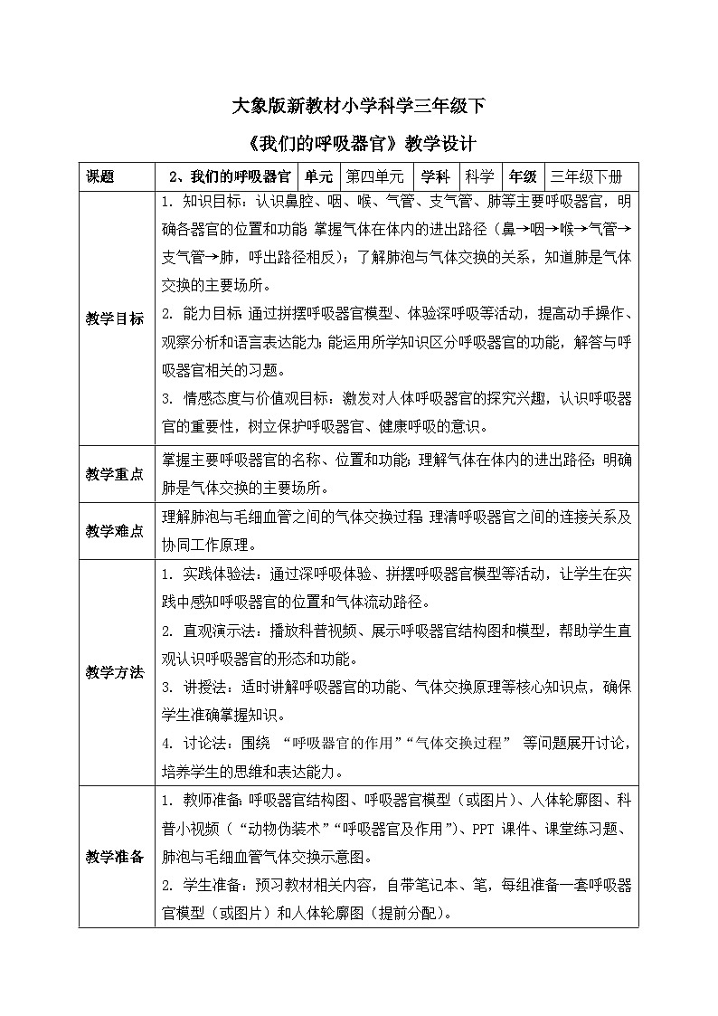 2、我们的呼吸器官 小学科学 大象版新教材 三年级下册 表格式教案第1页