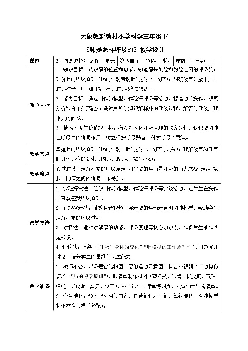 3、肺是怎样呼吸的 小学科学 大象版新教材 三年级下册 表格式教案第1页