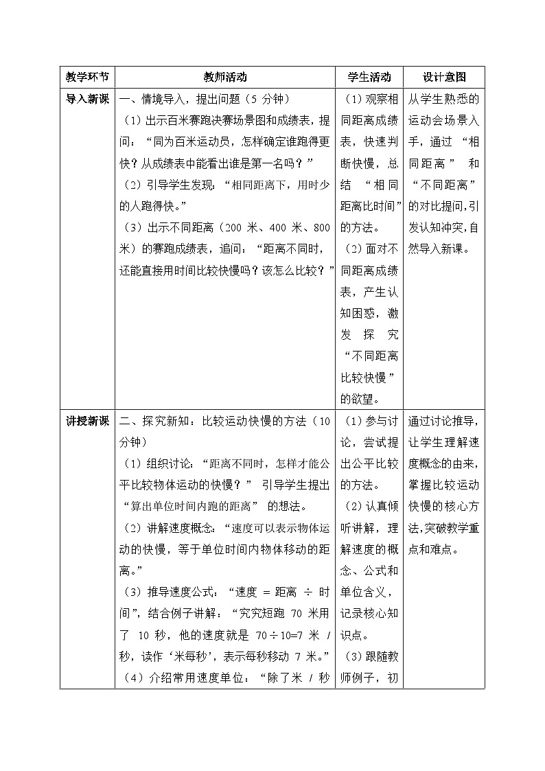 2、运动的快慢 小学科学 大象版新教材 三年级下册 表格式教案第2页