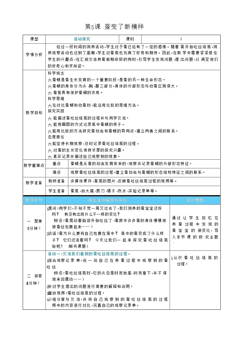 2026年教科版三年级科学下册 2.5 蚕变了新模样（表格式教案）第1页