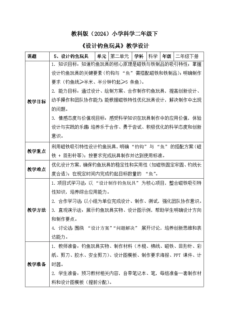 5、设计钓鱼玩具 小学科学 教科版（2024） 二年级下册 表格式教案第1页