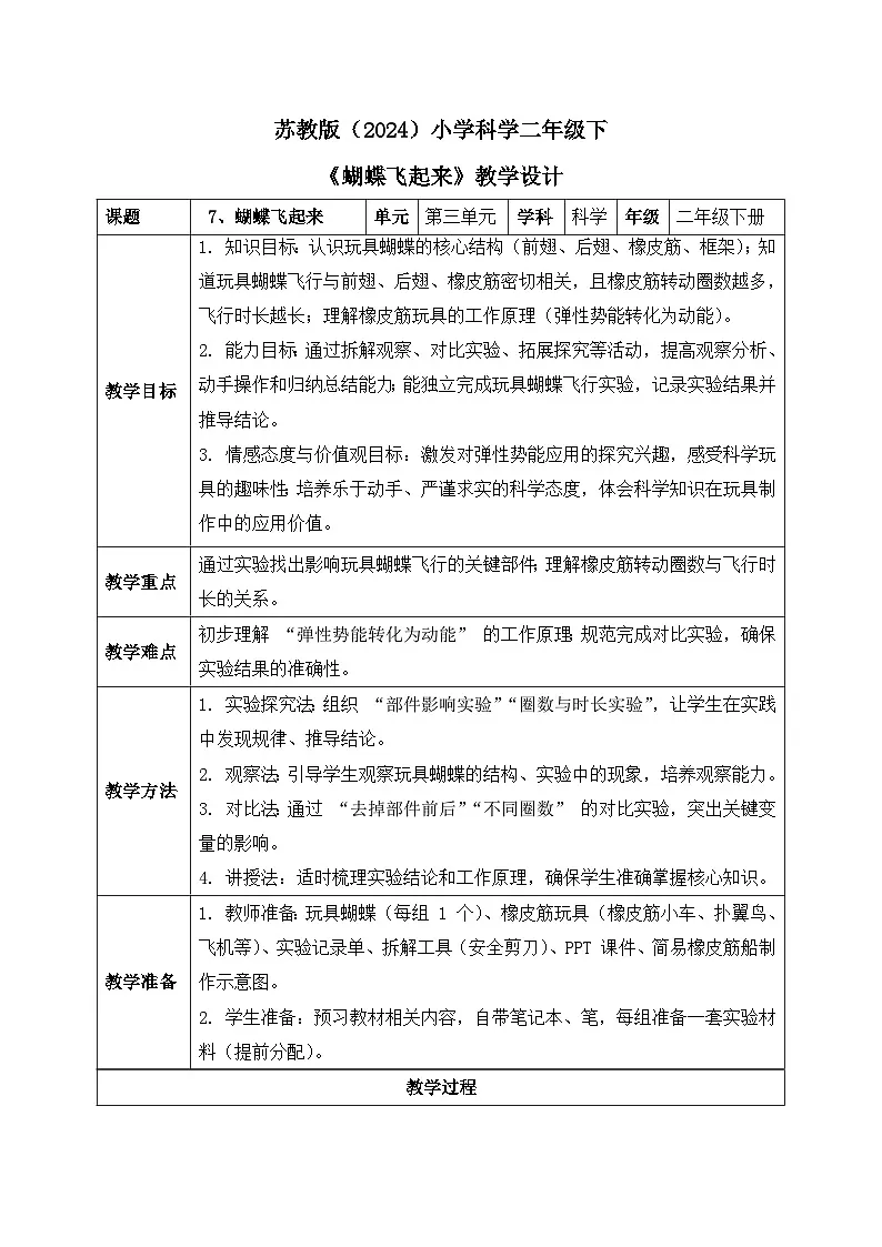 7、蝴蝶飞起来 小学科学 苏教版（2024） 二年级下册 表格式教案第1页