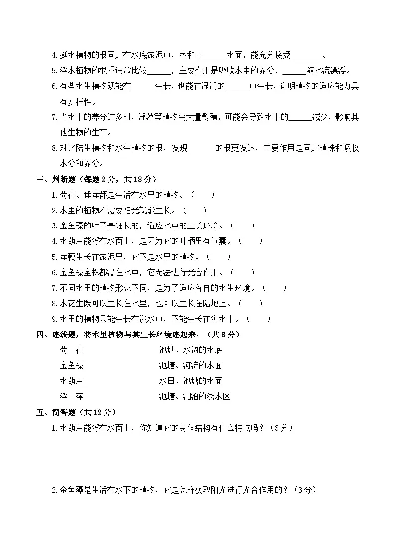 3.10 水里的植物 同步练习 2025-2026学年苏教版小学科学三年级下册（含解析）第2页