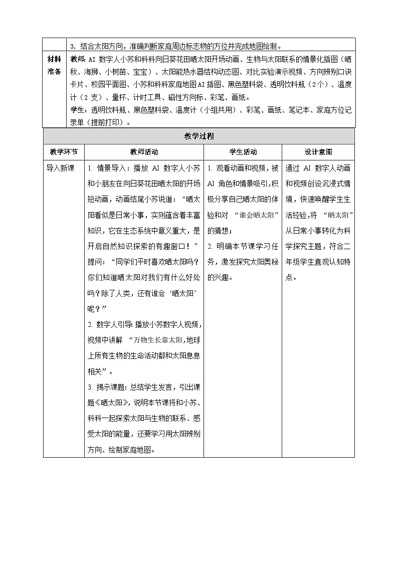 【AI赋能教学】苏教版小学科学二年级下册 04晒太阳 教案第2页