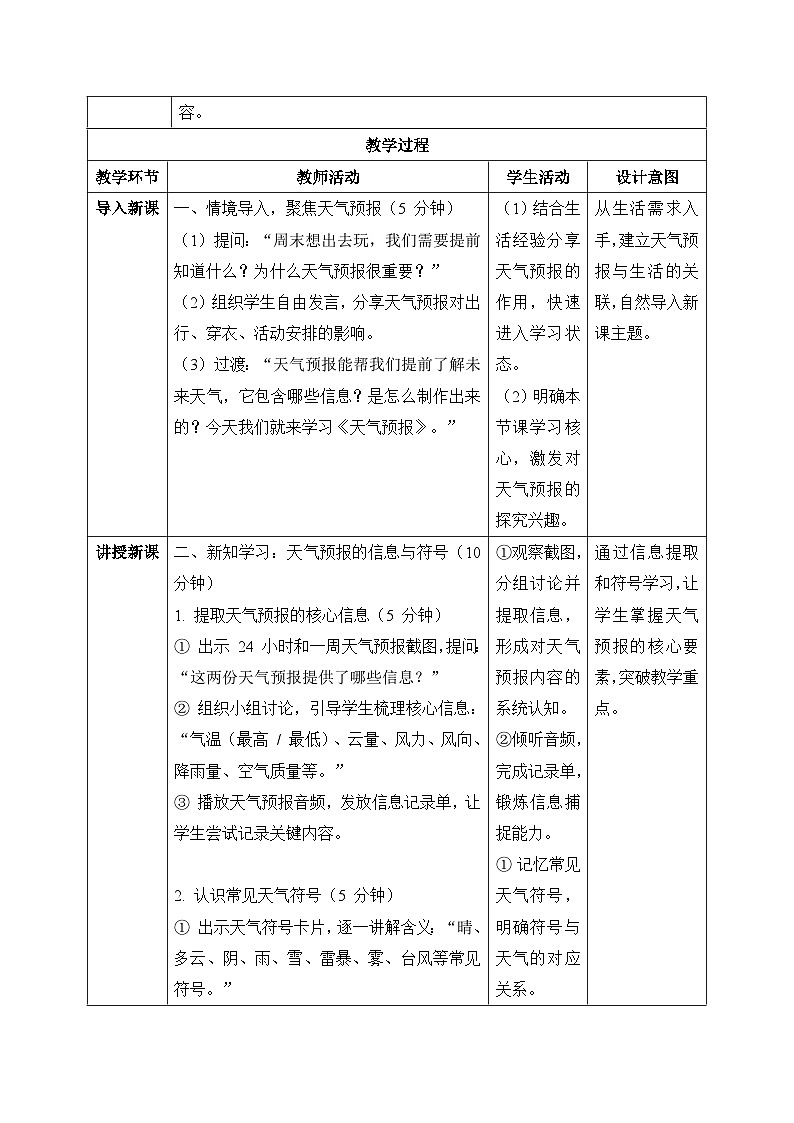 4、天气预报 小学科学 苏教版（2024） 三年级下册 表格式教案第2页