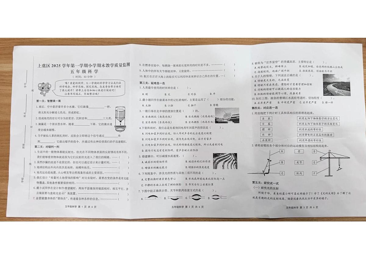 浙江省绍兴市上虞区2025-2026学年第一学期五年级科学期末试卷（无答案）第1页