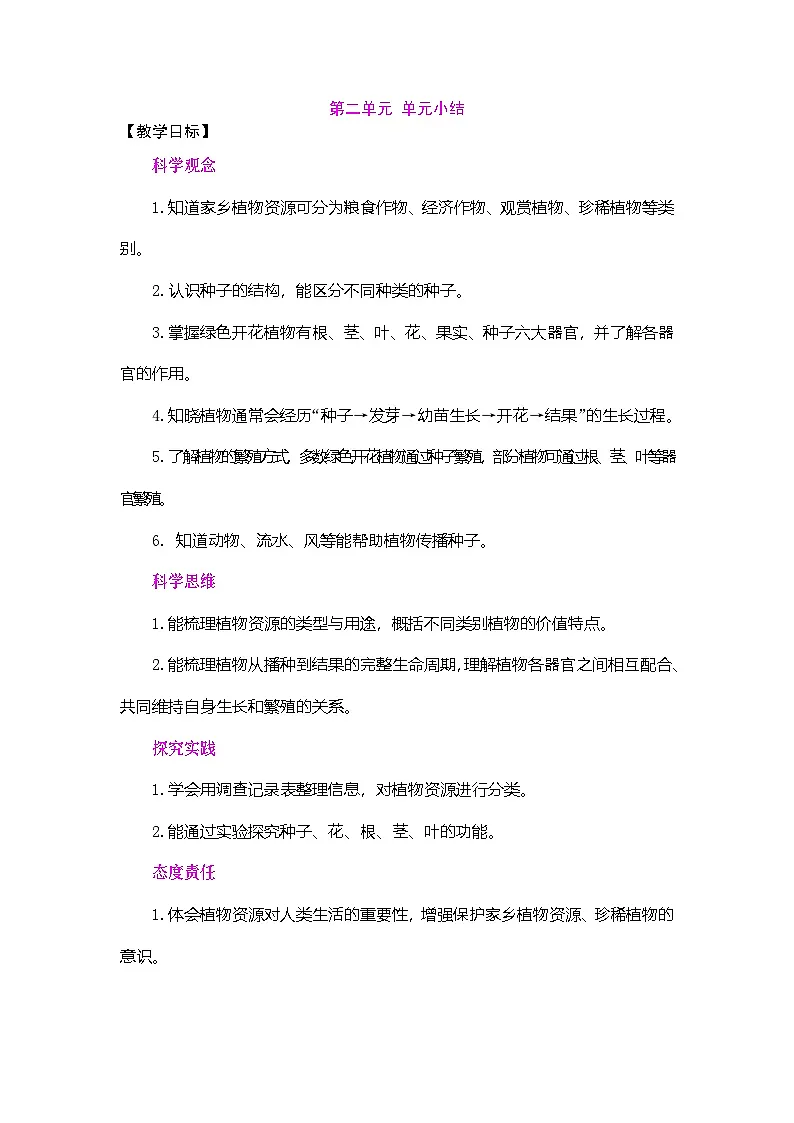 2026年大象版三年级科学下册 第二单元 植物的一生 单元小结（表格式教案）第1页