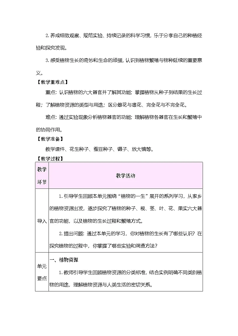 2026年大象版三年级科学下册 第二单元 植物的一生 单元小结（表格式教案）第2页