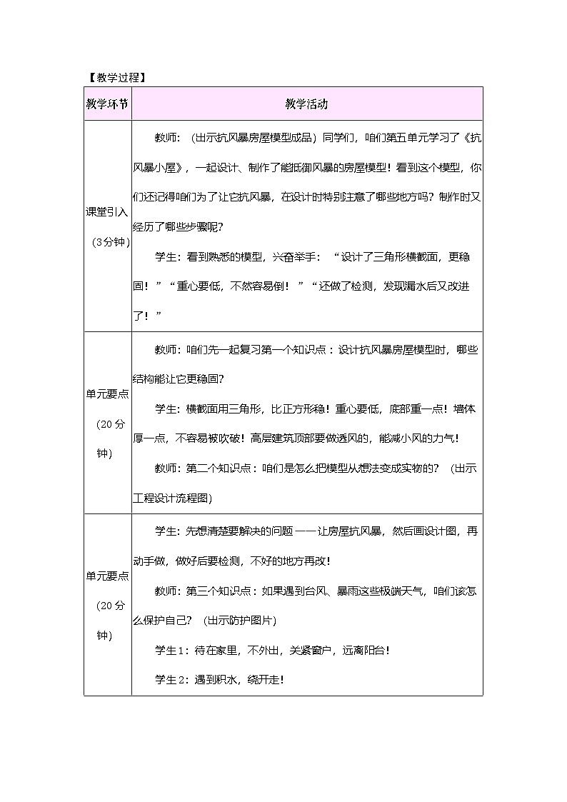 2026年粤教版三年级科学下册 第五单元  抗风暴房屋  单元小结（教案）第2页