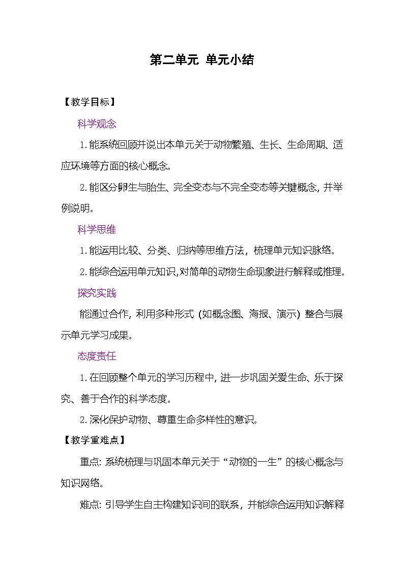 第二单元 单元小结 教案 （表格式） 教科版科学三年级下册第1页