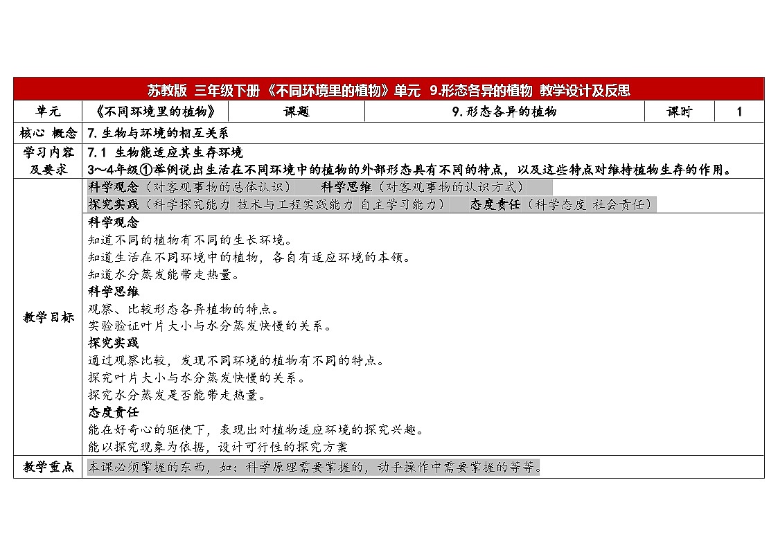 3-9《形态各异的植物》(表格式教案)2025-2026学年苏教版三年级科学下册第1页